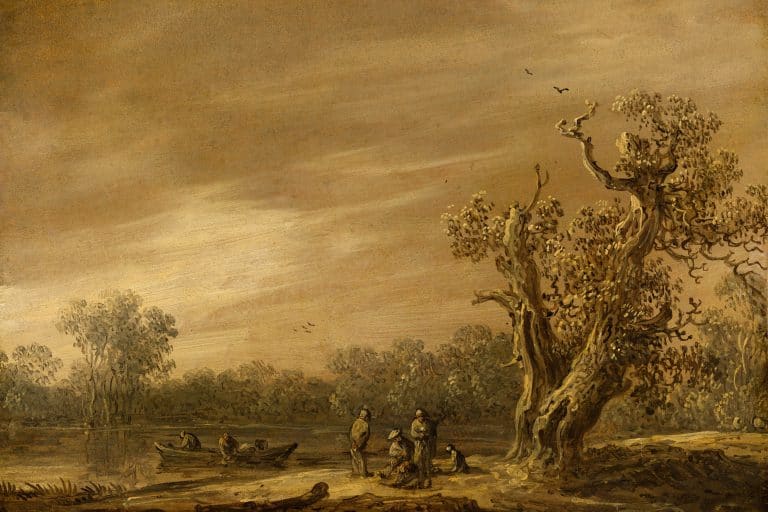 Jan van Goyen's brown-toned Fishermen by the Lakeshore shows figures and a dog beside a lake under two large trees.