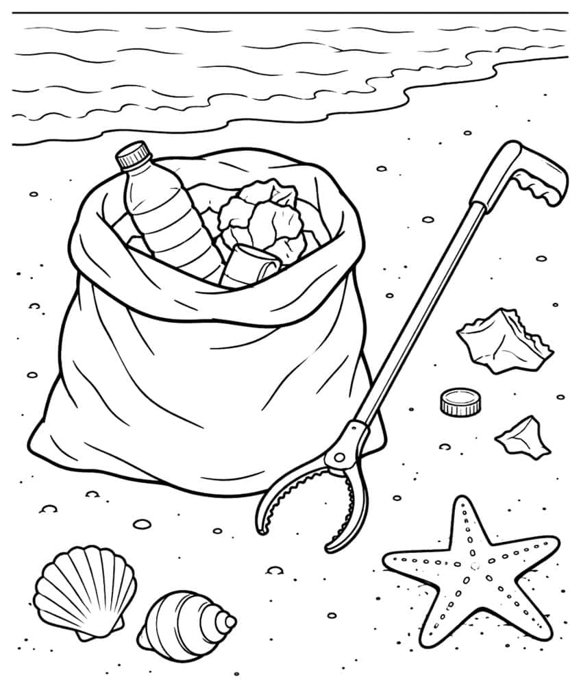Coloring page with a beach cleanup bag, litter picker, seashells and a starfish