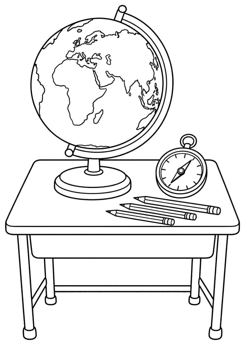 Coloring page with a globe, compass and pencils on a school desk