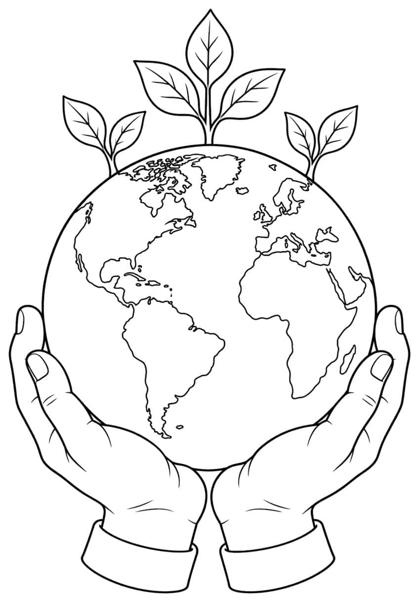 Coloring page: two hands holding the Earth with small plants growing on top