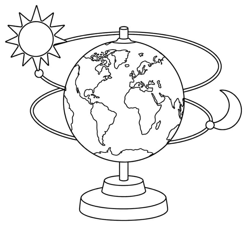 Coloring page of a desk globe with an orbit ring holding a sun and a crescent moon