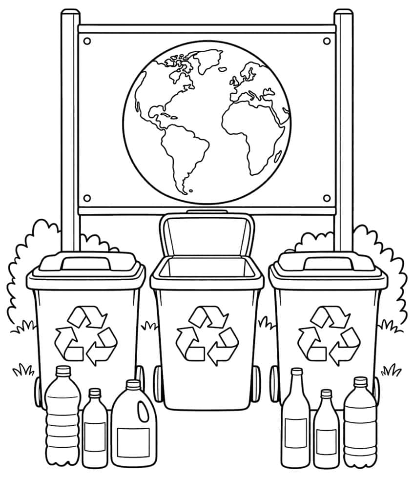 Coloring page with three recycling bins, bottles and an Earth sign board