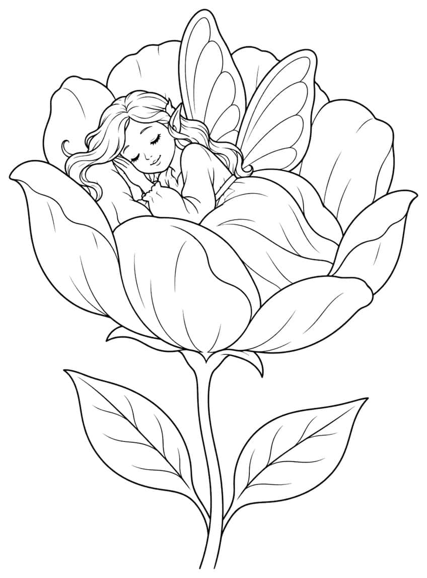 Coloring page of a fairy sleeping inside a big flower blossom