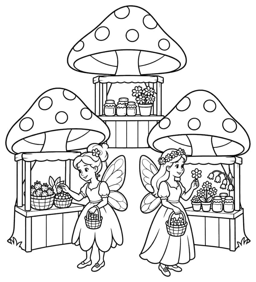 Two fairies with baskets at mushroom market stalls, coloring page