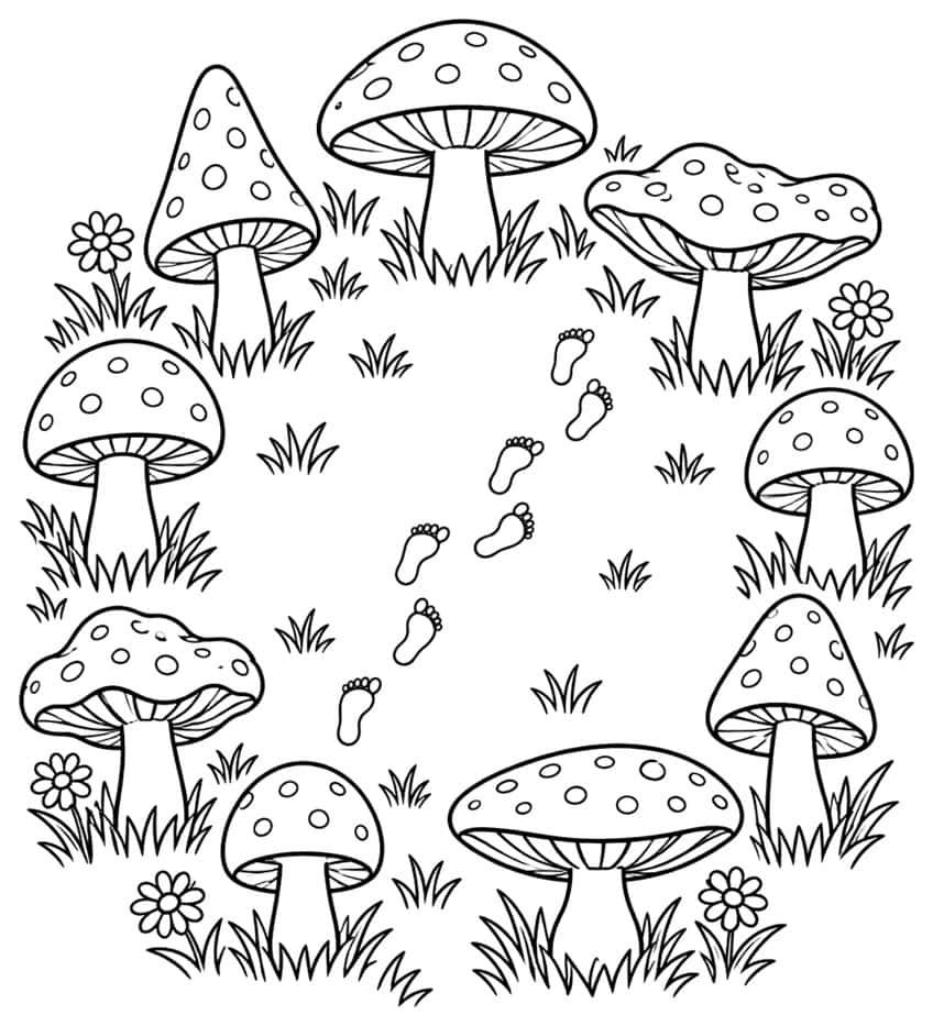 Coloring page: ring of spotted toadstools with tiny footprints in the middle