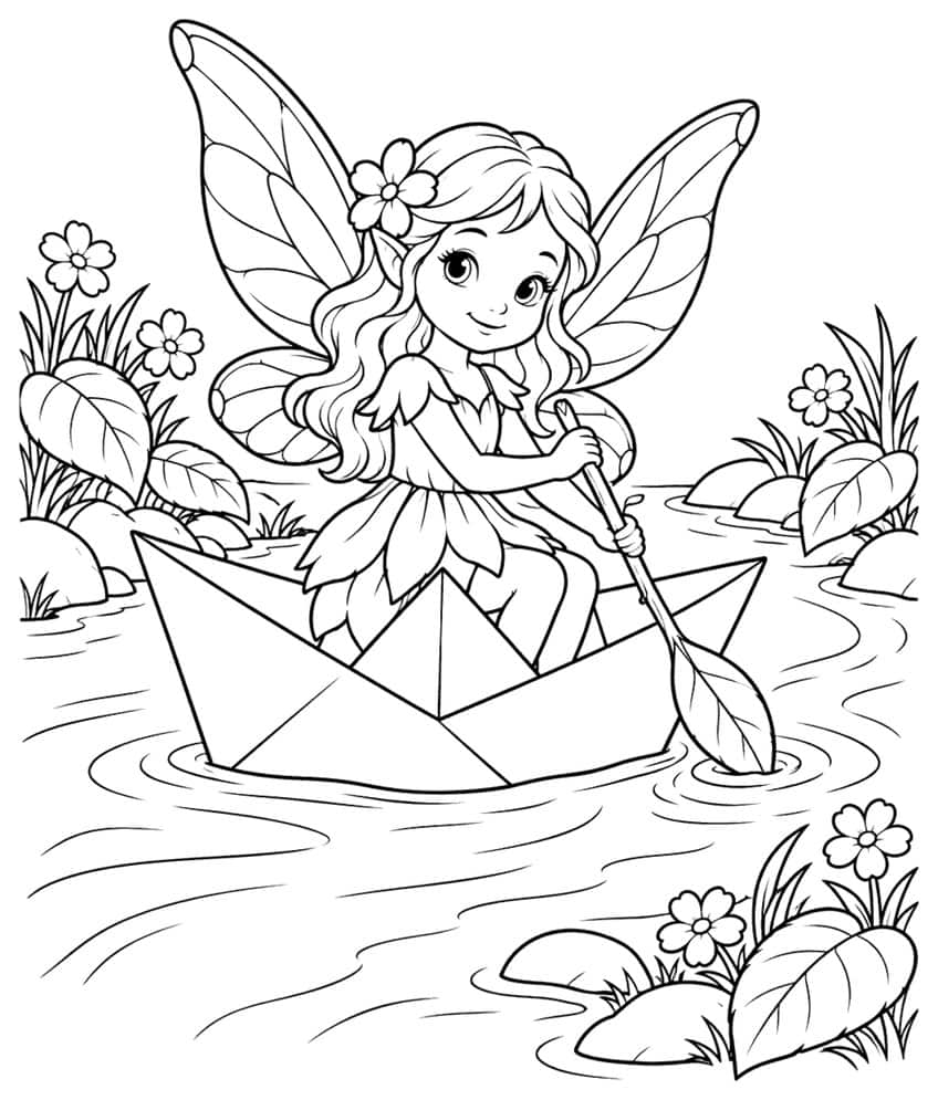 Coloring page of a fairy rowing a paper boat on a stream with flowers
