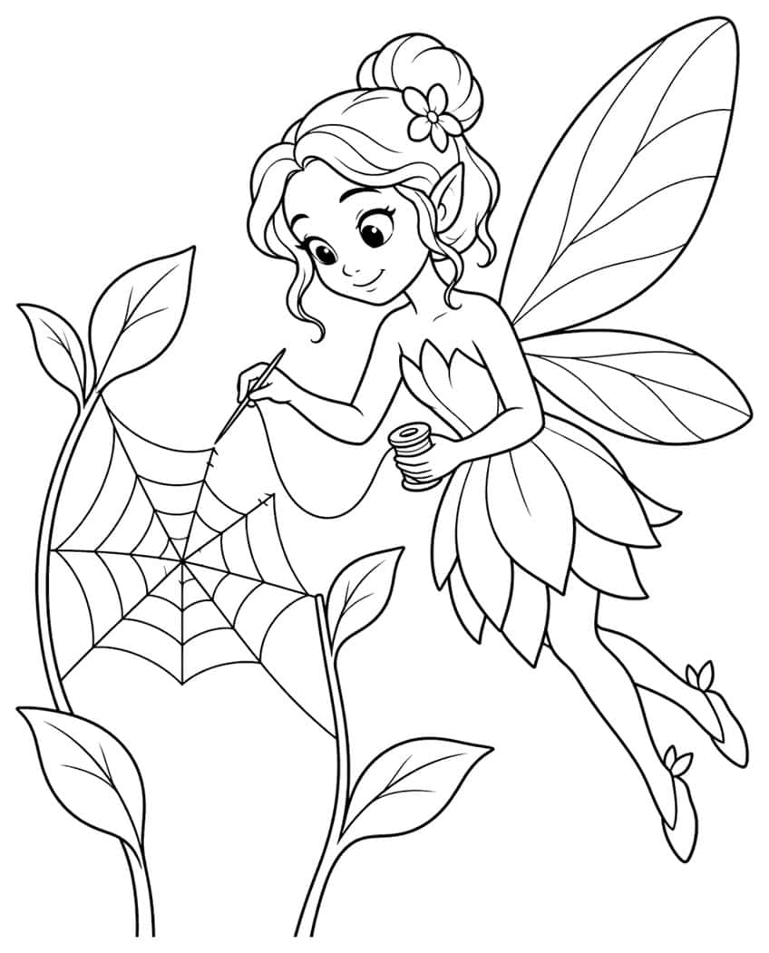 Fairy with needle and thread mending a spiderweb between leaves, coloring page