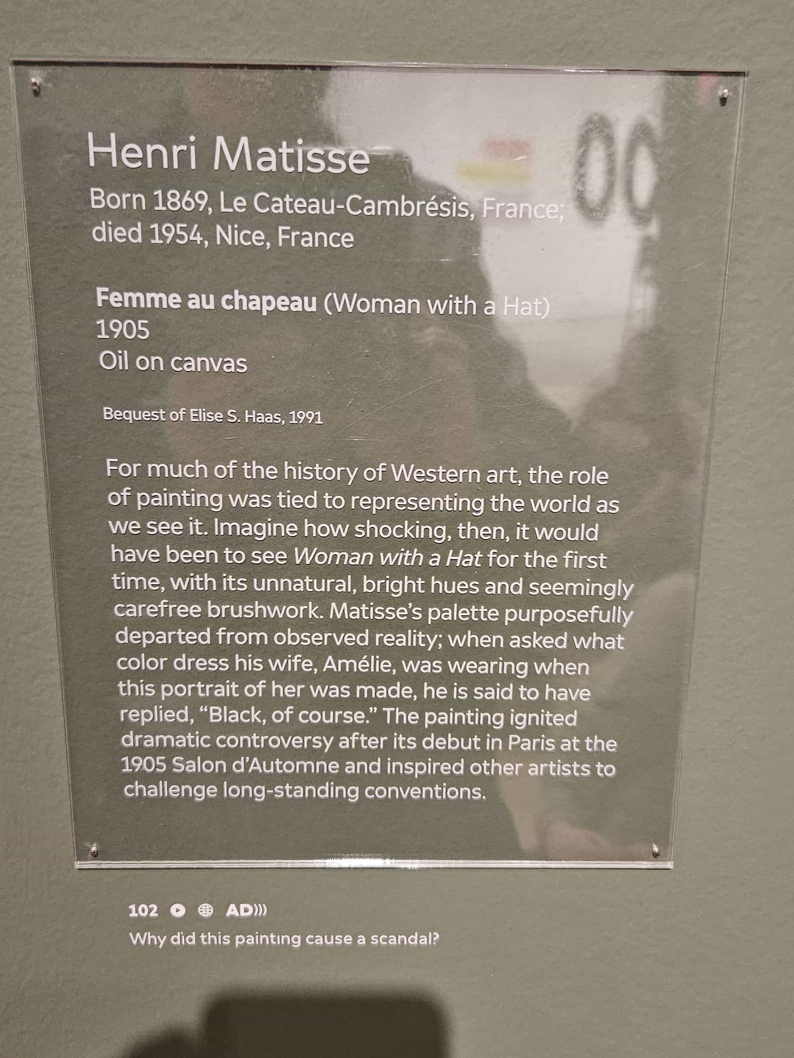 Henri Matisse used nonnatural color to portray his wife, Amélie, in Woman with a Hat (1905).