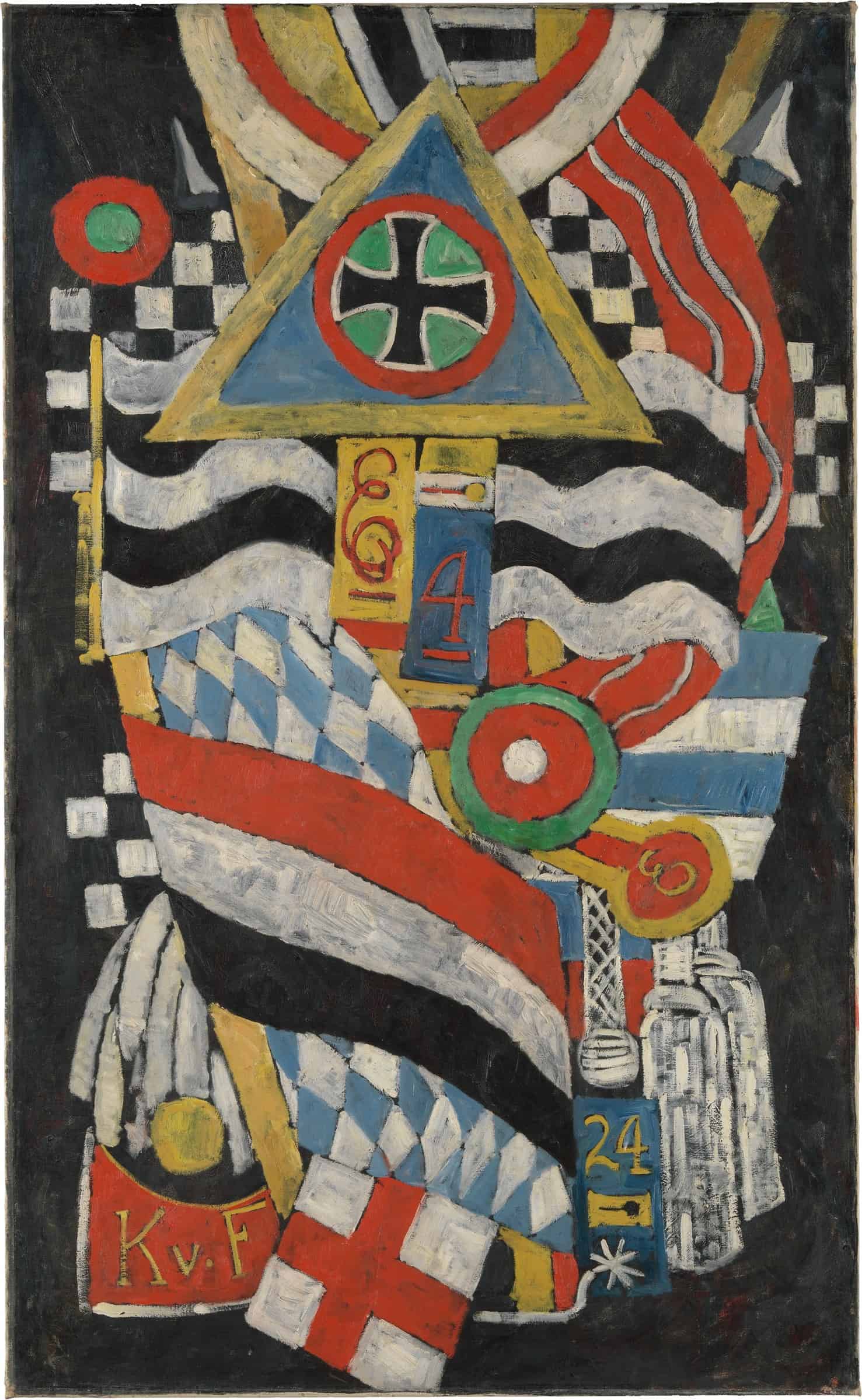Military insignia, numbers, flags, and initials stand in for Karl von Freyburg in Portrait of a German Officer (1914).