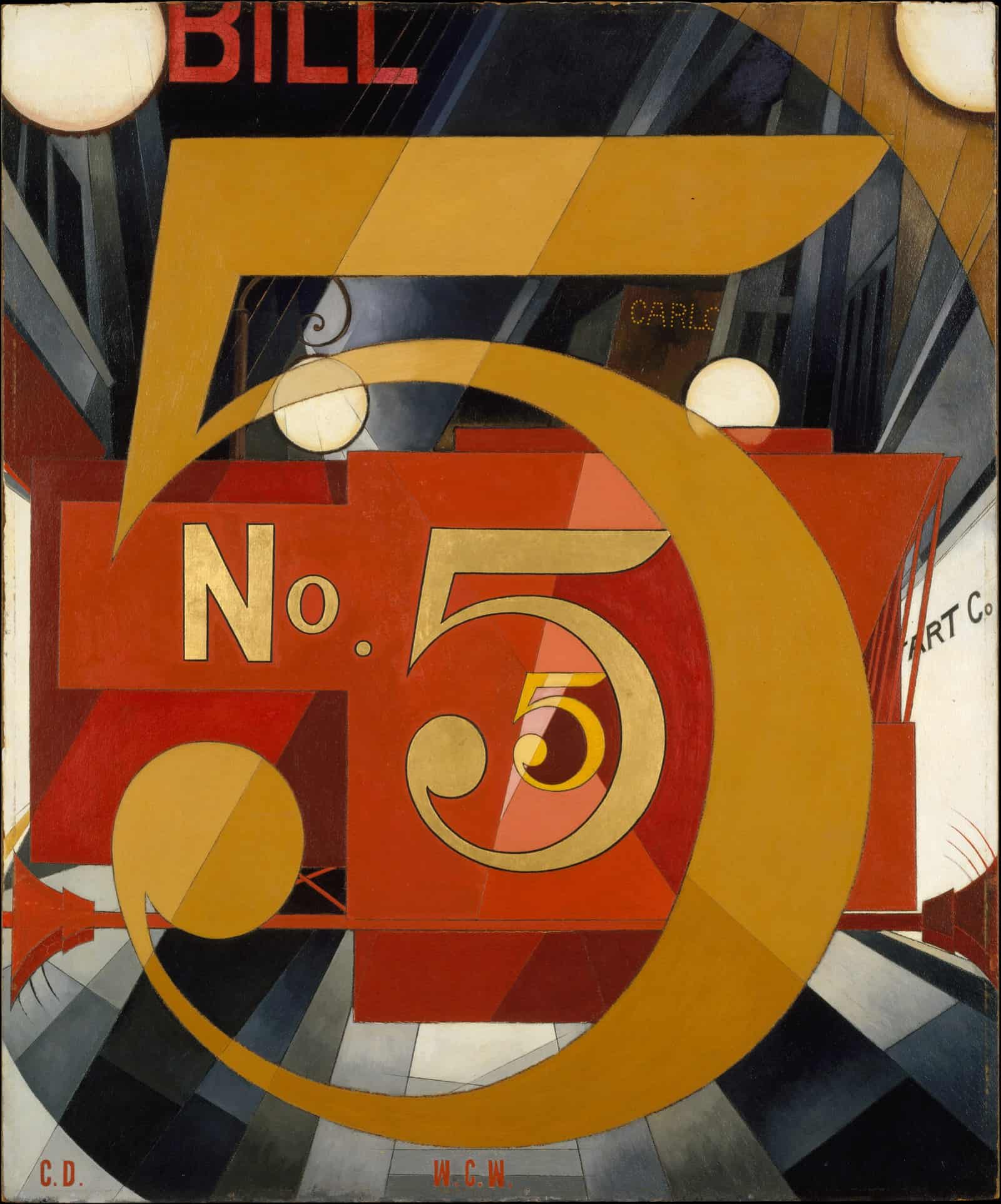 Repeated gold fives, angled forms, and lettering turn a city sight into a symbolic portrait in I Saw the Figure 5 in Gold (1928).