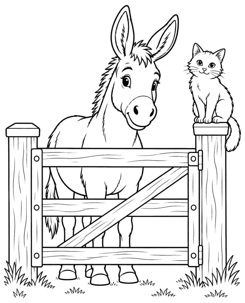 Coloring page with a donkey behind a wooden gate and a cat on the post