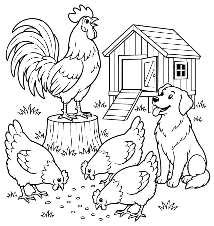 Coloring page with rooster on a stump, three hens, a dog and a chicken coop