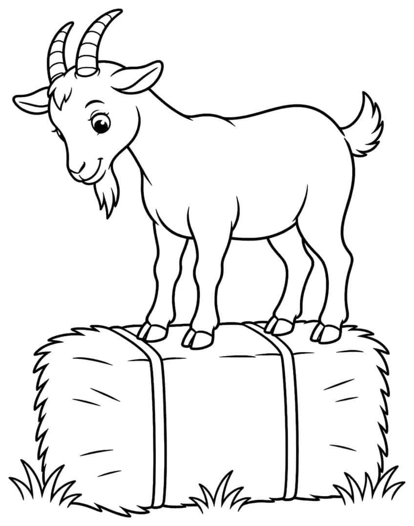 Coloring page of a goat with horns standing on a round hay bale in grass