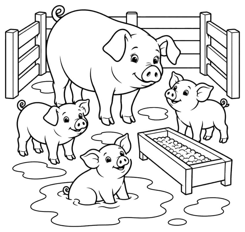 Coloring page with a mother pig, three piglets, a trough and a fence