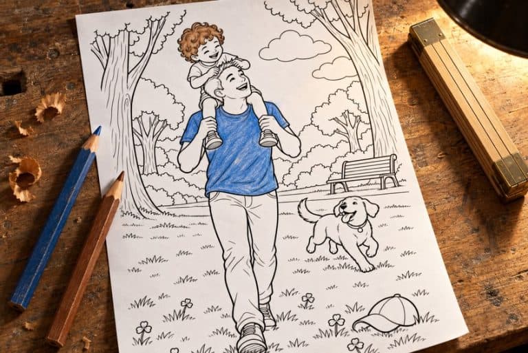 father's day coloring page partly colored in with pencils