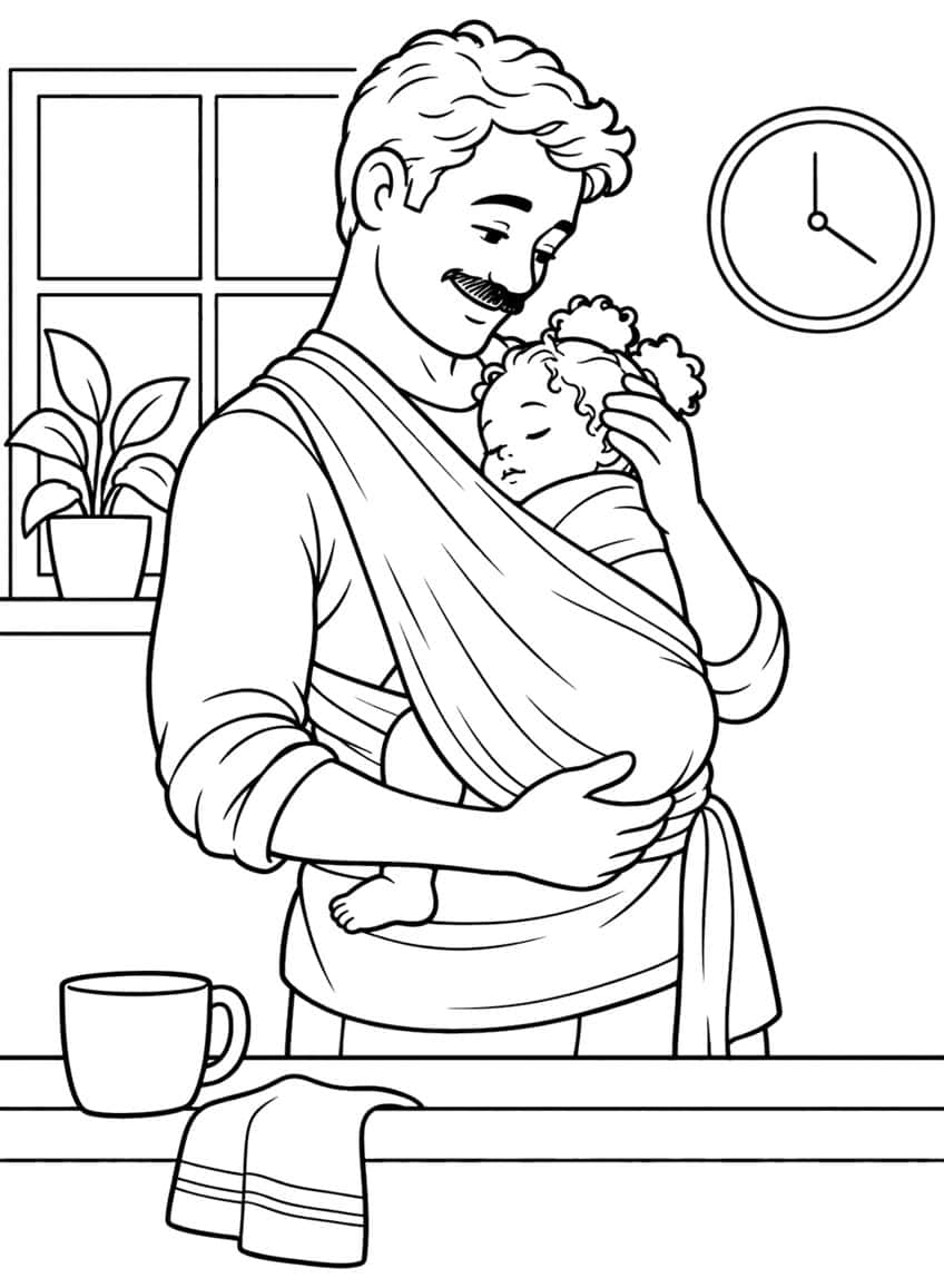 Coloring page of a dad in a kitchen holding his sleeping baby in a fabric wrap sling
