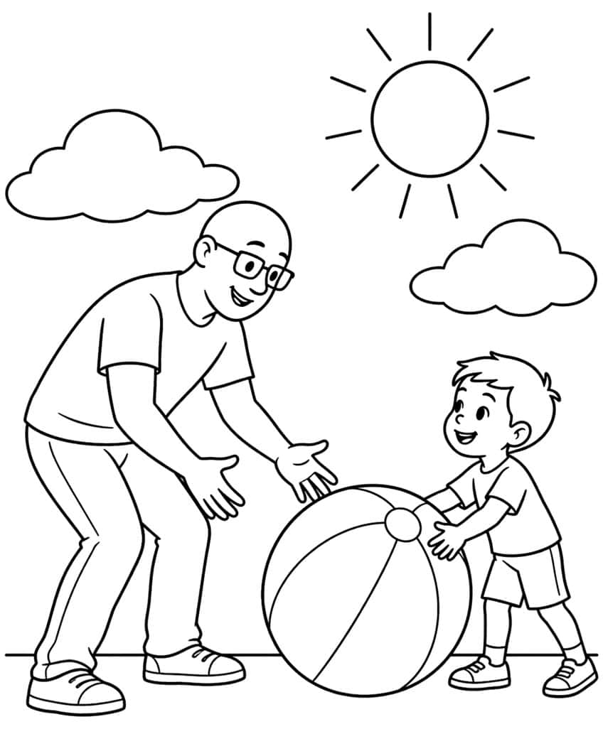 Coloring page of a dad and his young son rolling a large beach ball on a sunny day