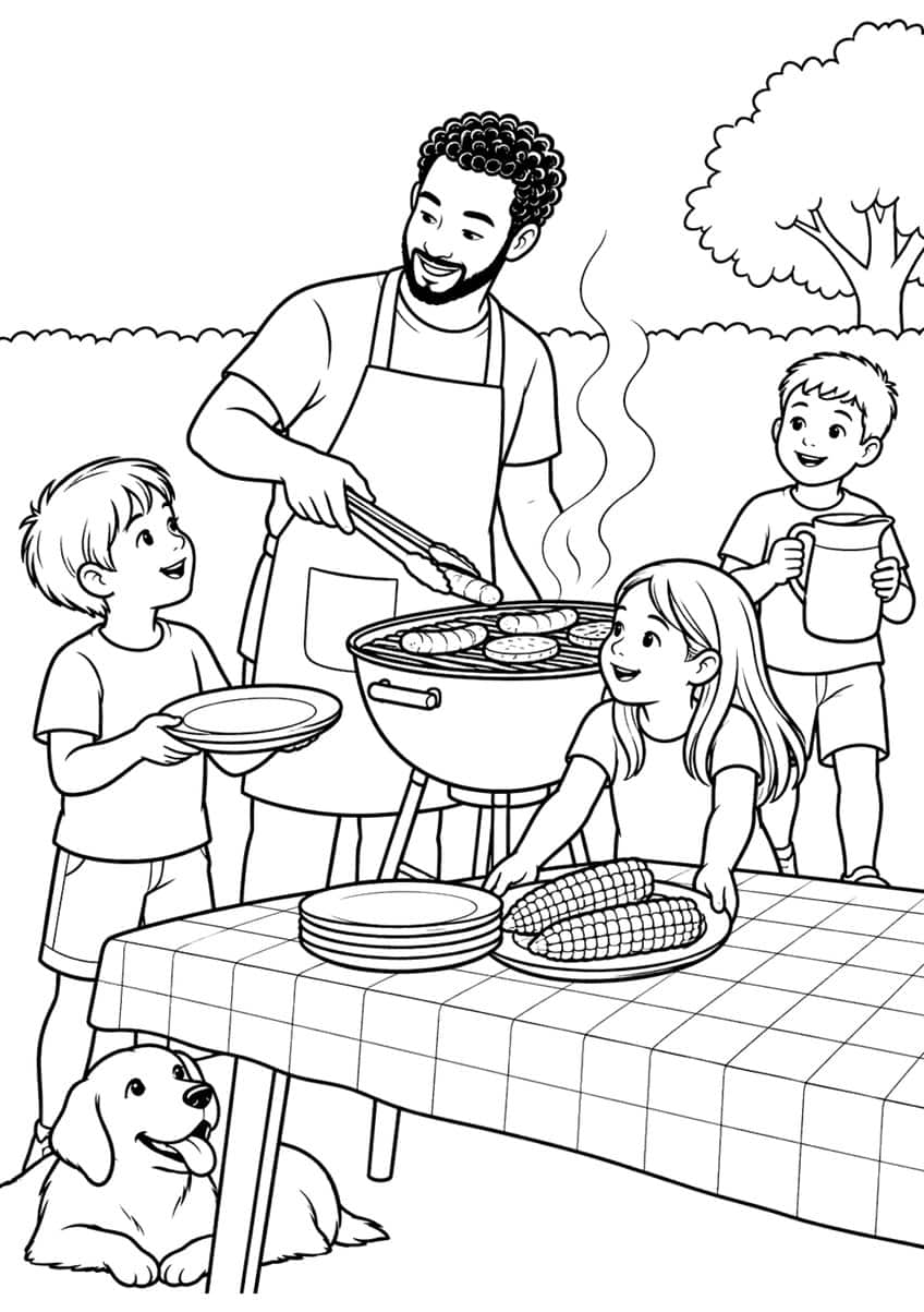 Coloring page of a dad grilling sausages at a backyard barbecue with three kids and a dog