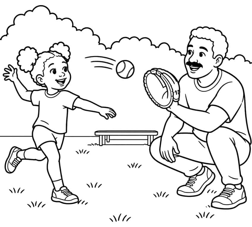 Coloring page of a girl throwing a baseball to her crouching dad with a glove in the park