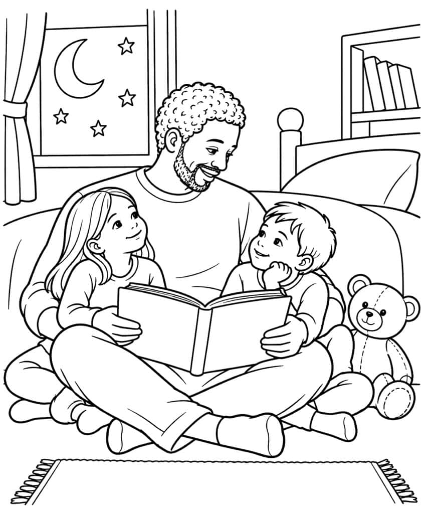 Coloring page of a dad reading a bedtime story to his daughter and son, with a teddy bear and a moonlit window