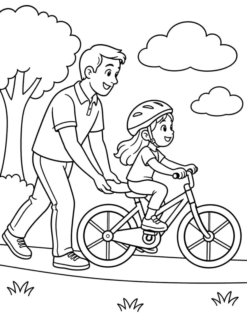 Coloring page of a dad holding the bike seat while his daughter in a helmet rides in the park