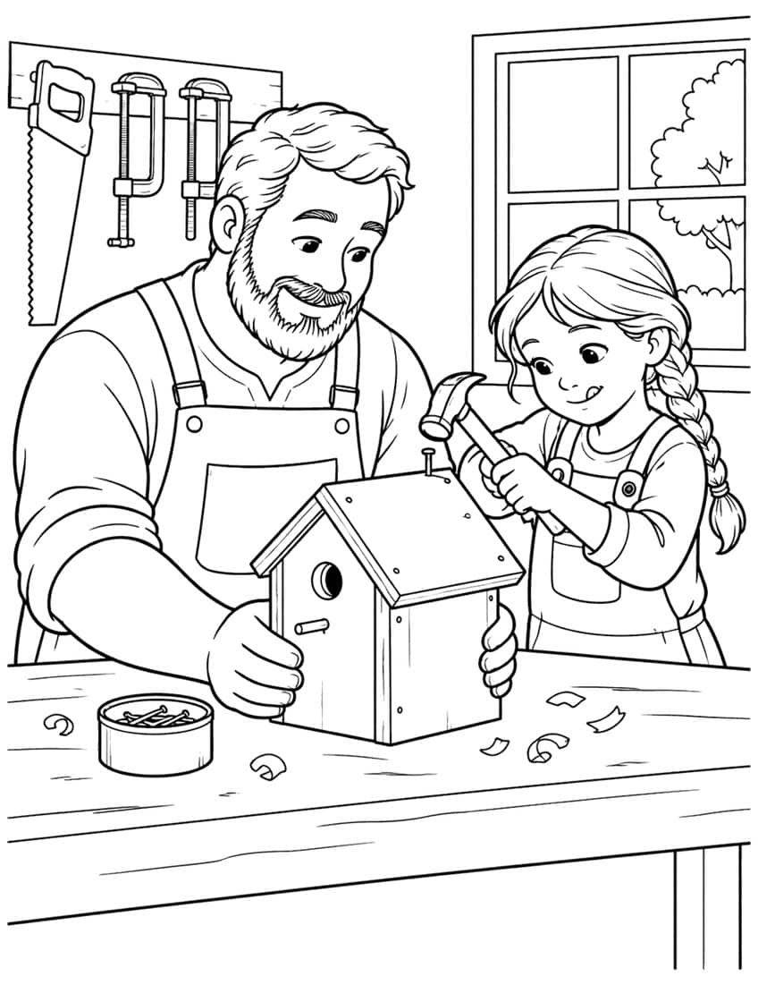 Coloring page of a dad and daughter hammering together a wooden birdhouse at a workbench