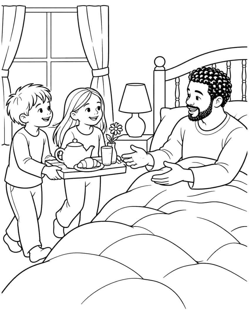Coloring page of two children serving their bearded dad breakfast in bed on a tray