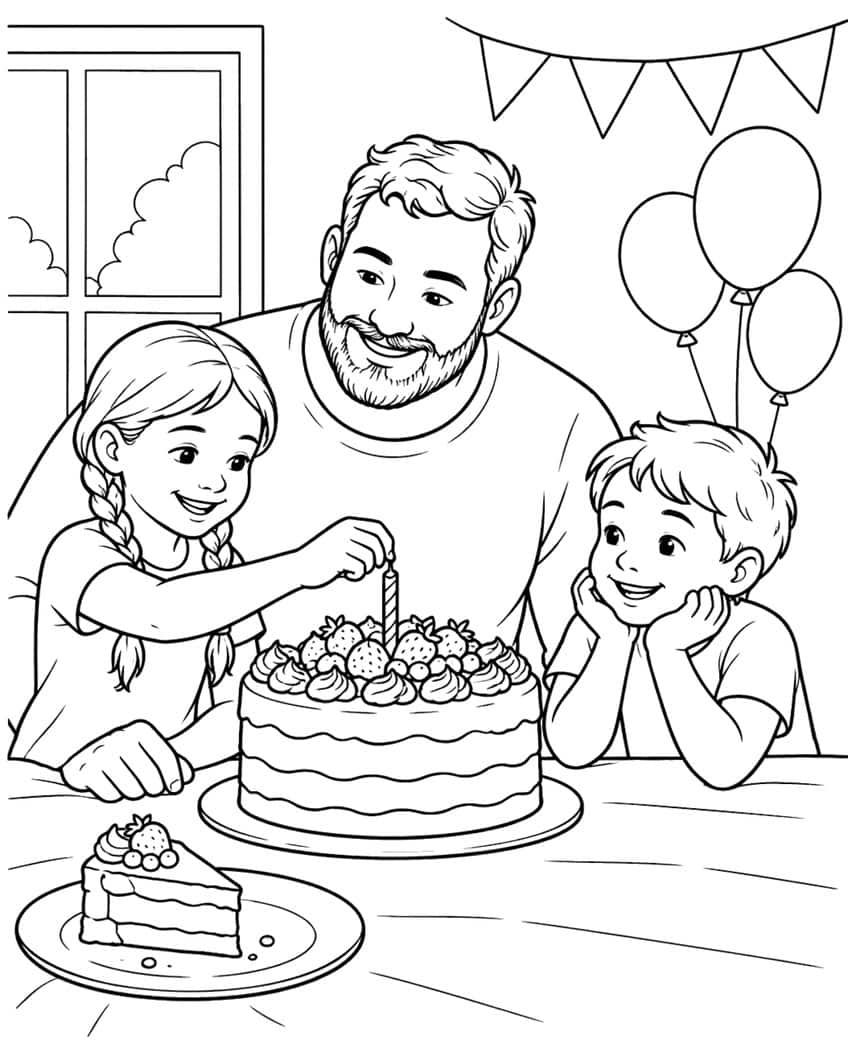 Coloring page of a dad with his daughter and son at a table with a strawberry cake and balloons