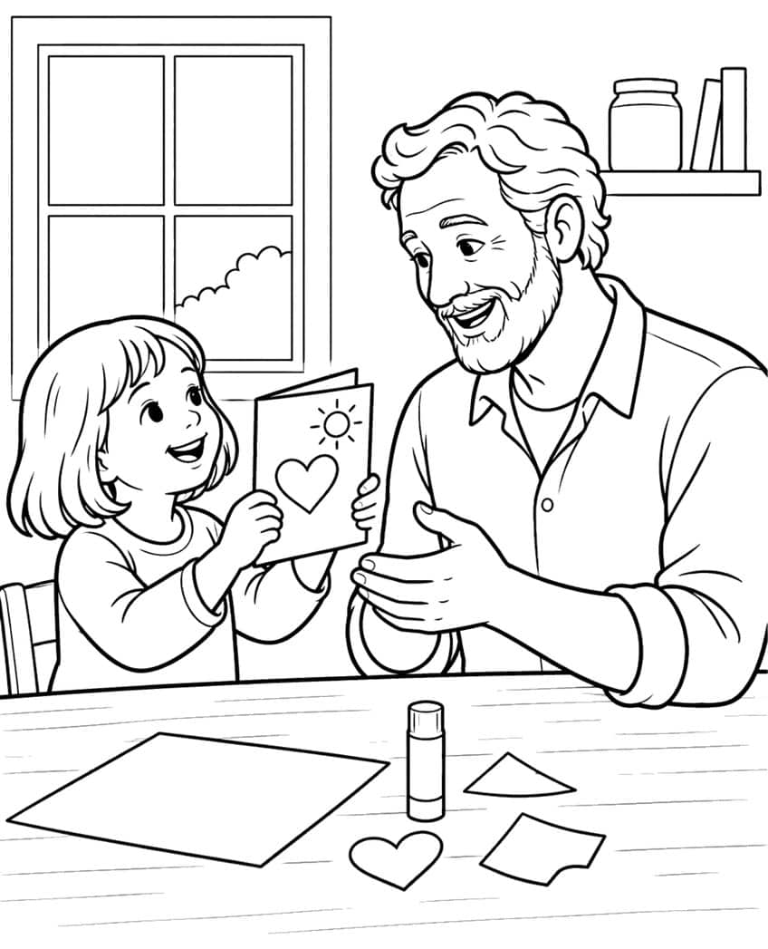 Coloring page of a girl giving her smiling dad a handmade heart card at a craft table