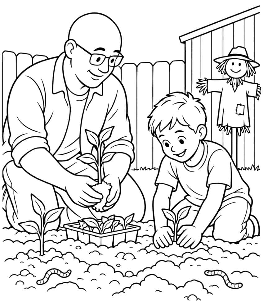 Coloring page of a dad and son planting seedlings in a backyard garden with a scarecrow