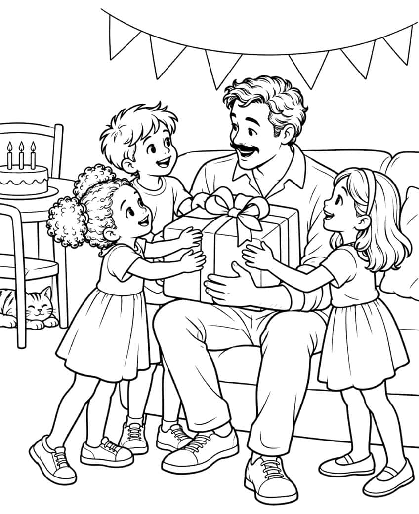 Coloring page of three children giving their dad a wrapped gift box on a sofa under party bunting