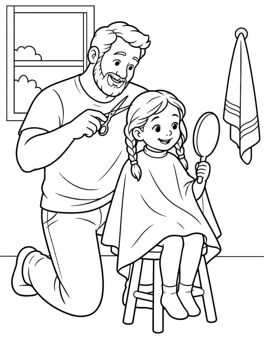 Coloring page of a dad cutting his braided daughter's hair as she holds a hand mirror