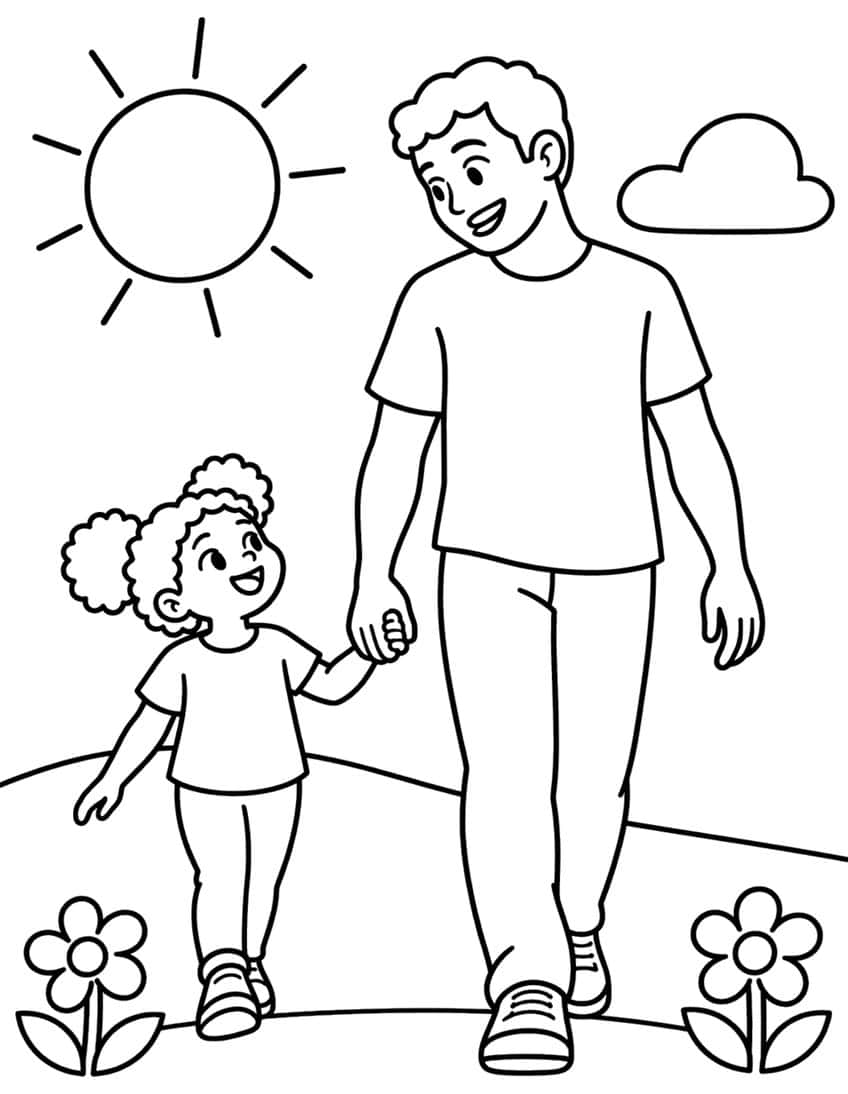 Coloring page of a dad and his daughter walking hand in hand past flowers under the sun
