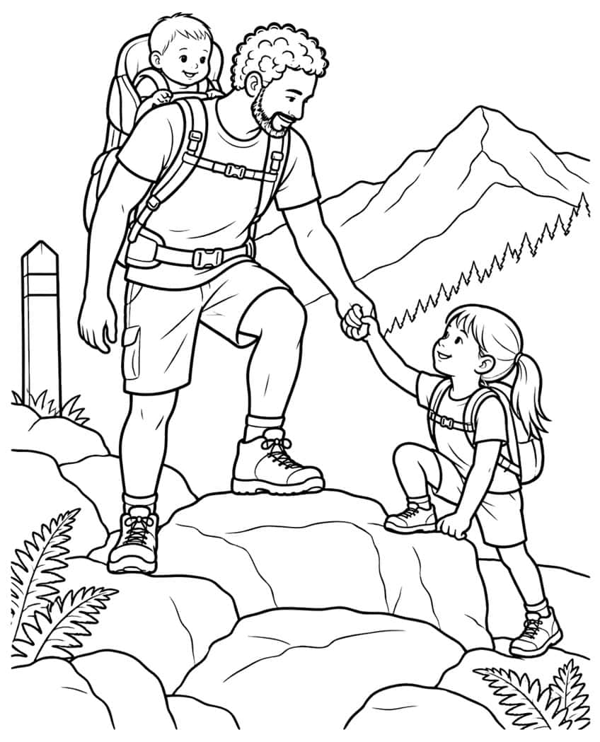 Coloring page of a dad carrying a baby and helping his daughter climb rocks on a mountain hike