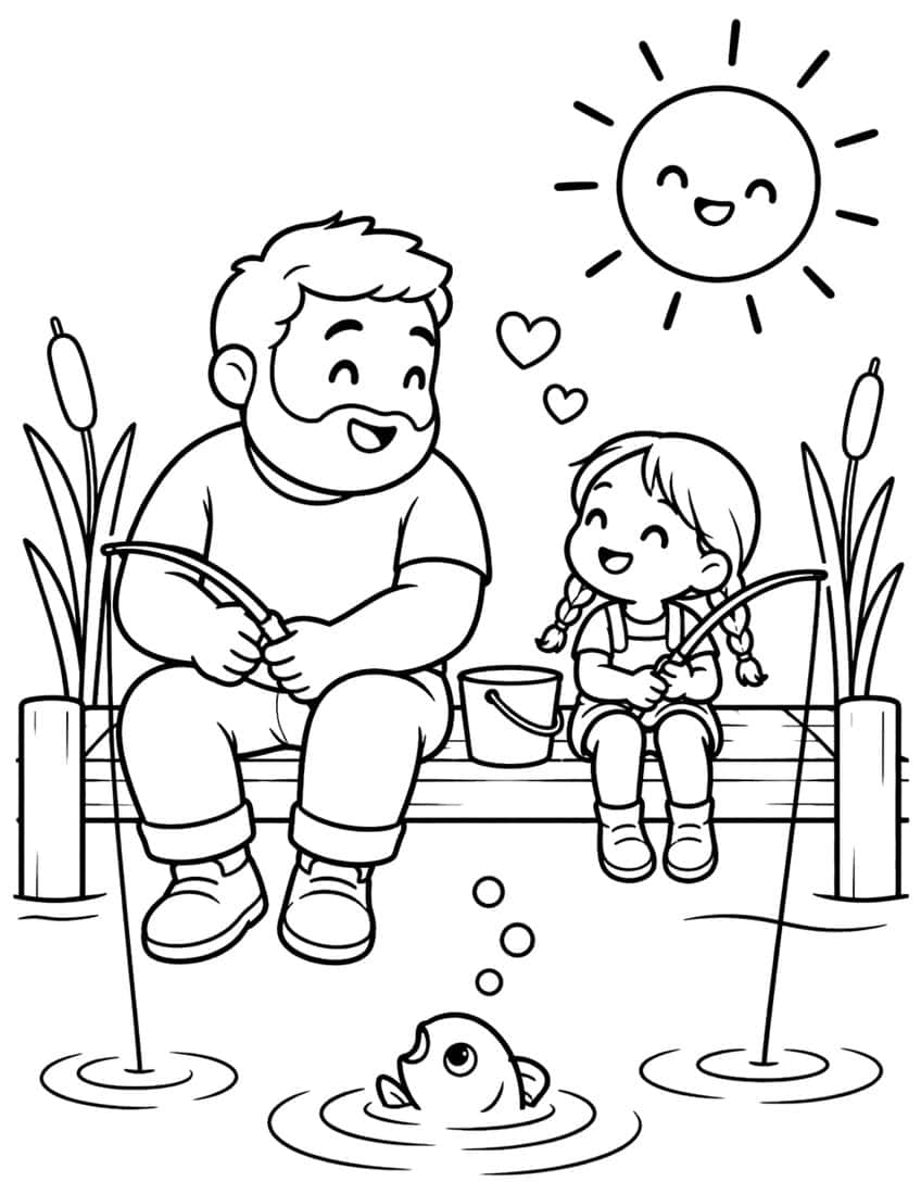 Coloring page of a dad and daughter fishing from a dock, with a fish, cattails and a smiling sun