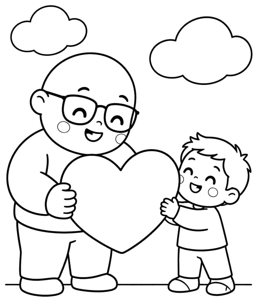 Kawaii coloring page of a bald dad in glasses and his son holding a big heart under clouds