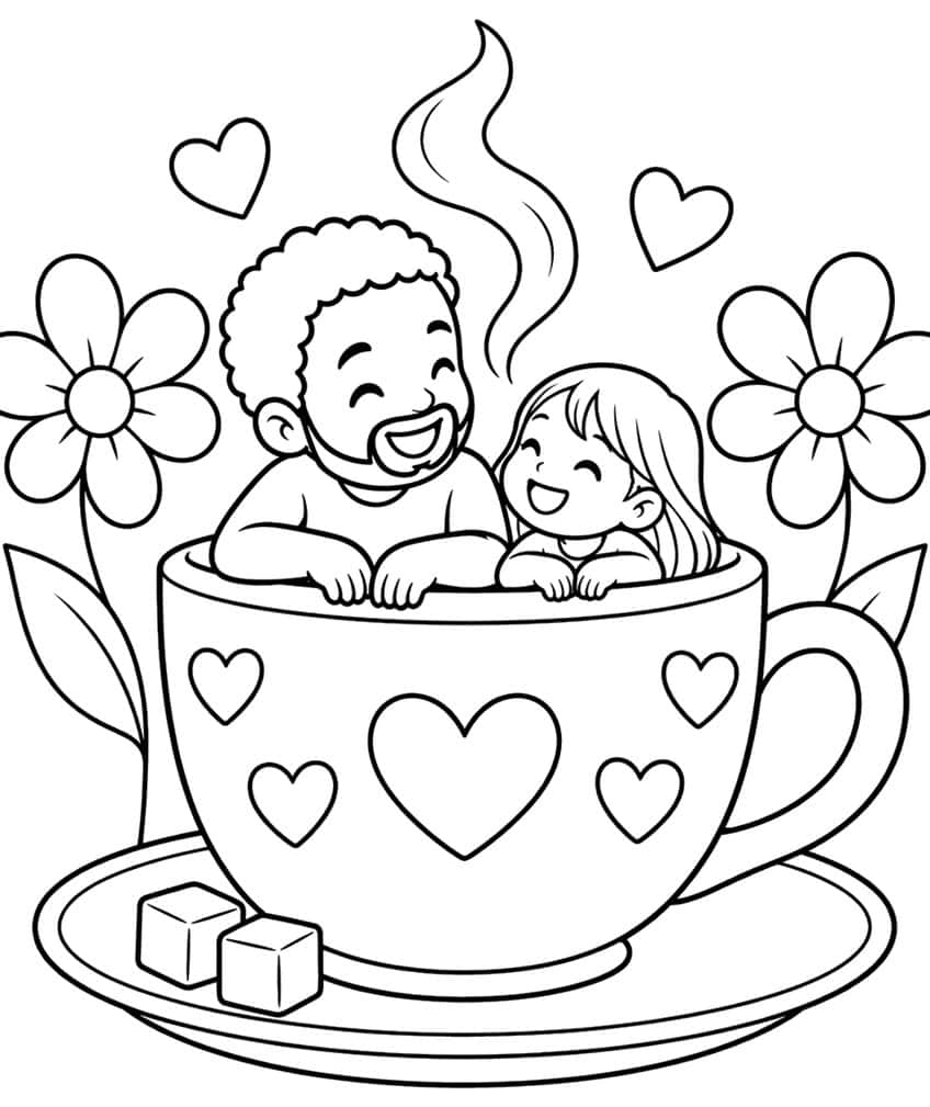 Coloring page of a laughing dad and daughter sitting in a heart-covered teacup with flowers
