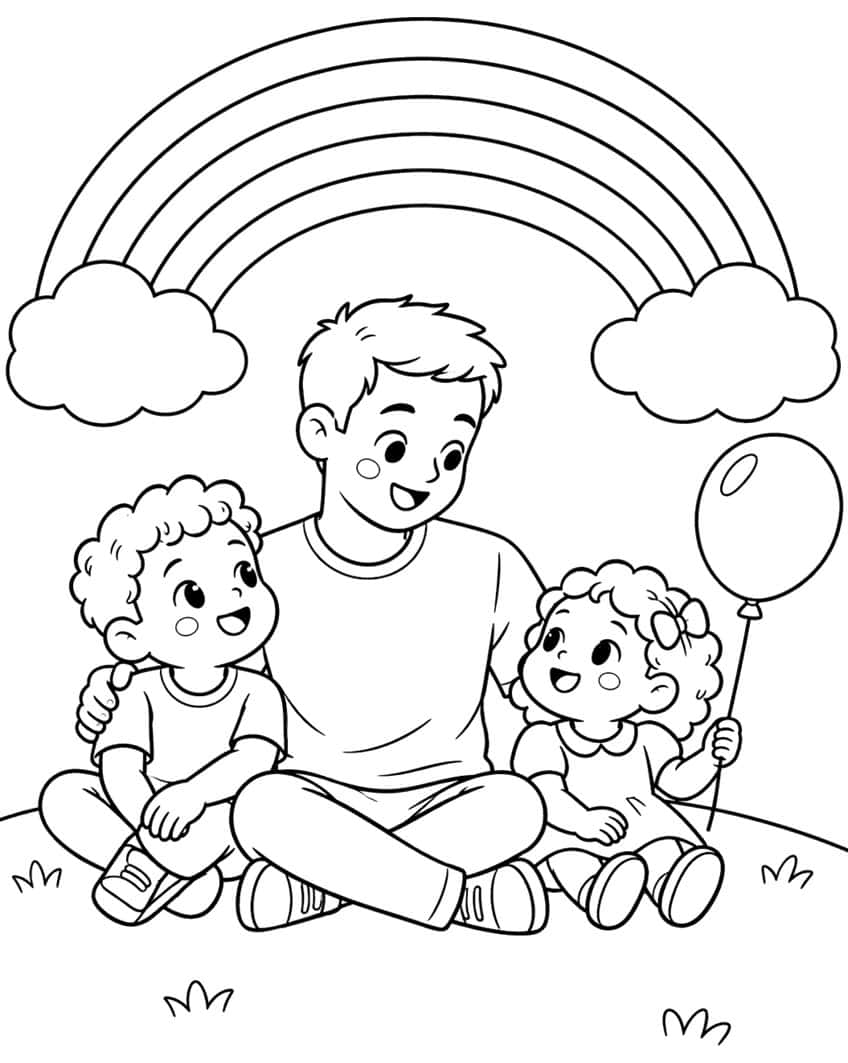 Coloring page of a dad sitting on a hill with his son and daughter under a rainbow