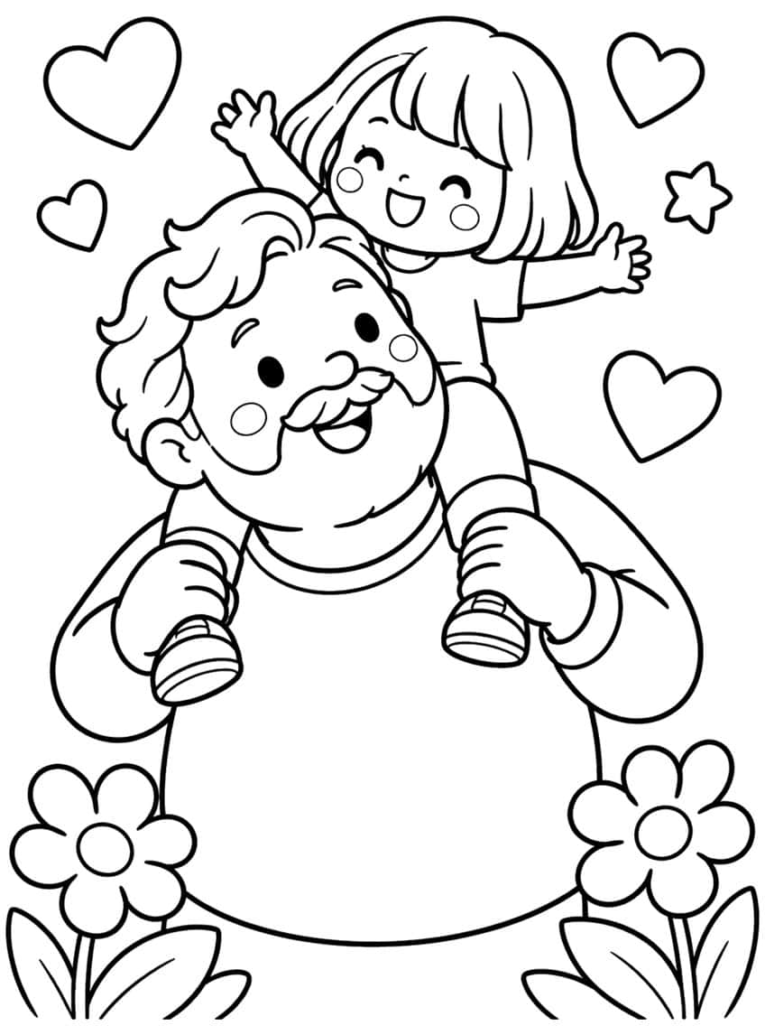 Cartoon dad with a mustache holding his happy daughter on his shoulders, surrounded by hearts and flowers