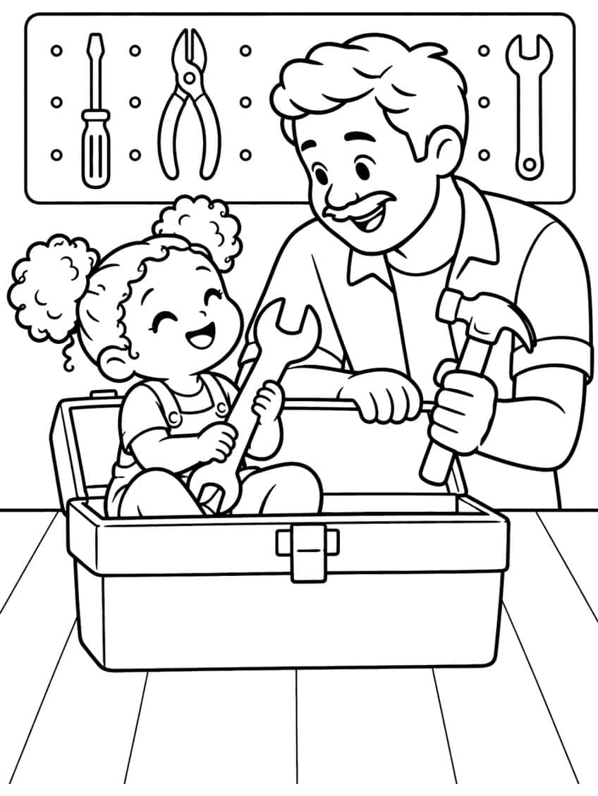 Coloring page of a smiling girl in a toolbox holding a wrench while her dad holds a hammer