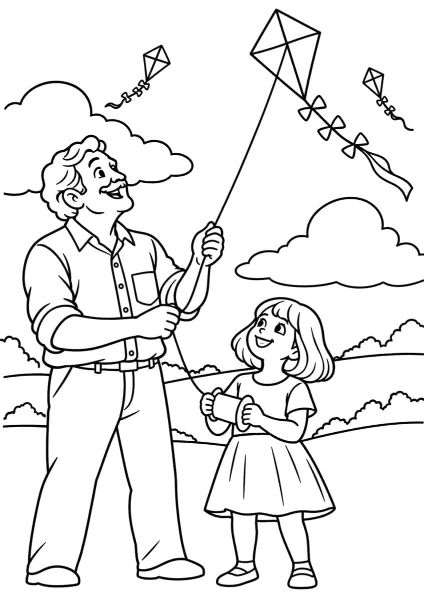 Coloring page of a father and daughter flying a kite in a hilly field with clouds and two more kites