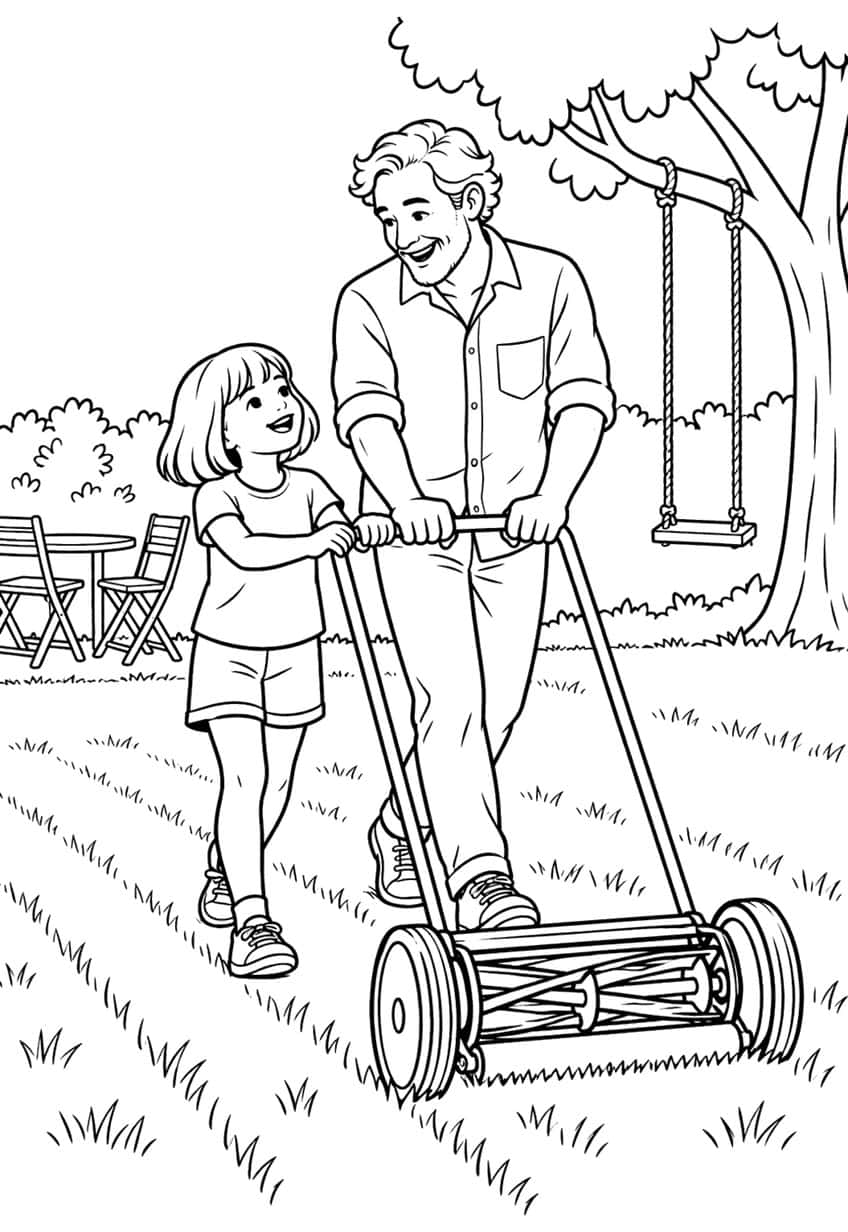 Coloring page of a dad and his daughter pushing a reel lawn mower in a backyard