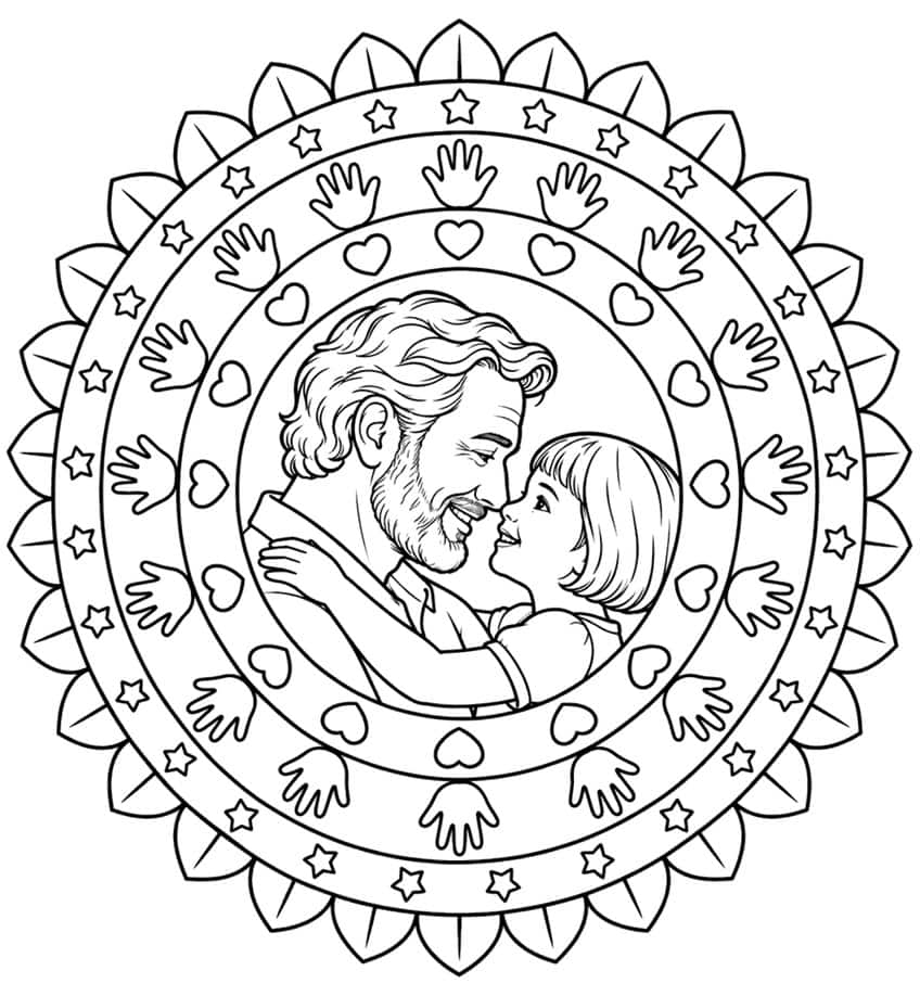 Father's Day mandala coloring page with dad and daughter nose to nose, hearts, handprints and stars