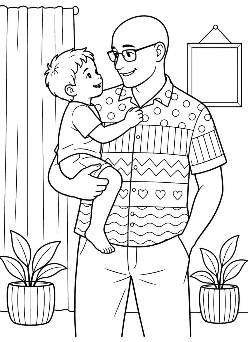 Coloring page of a dad in a patterned shirt holding his son indoors between two potted plants