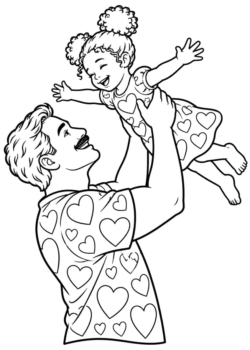 Coloring page of a dad lifting his laughing daughter overhead, both in heart-print clothes