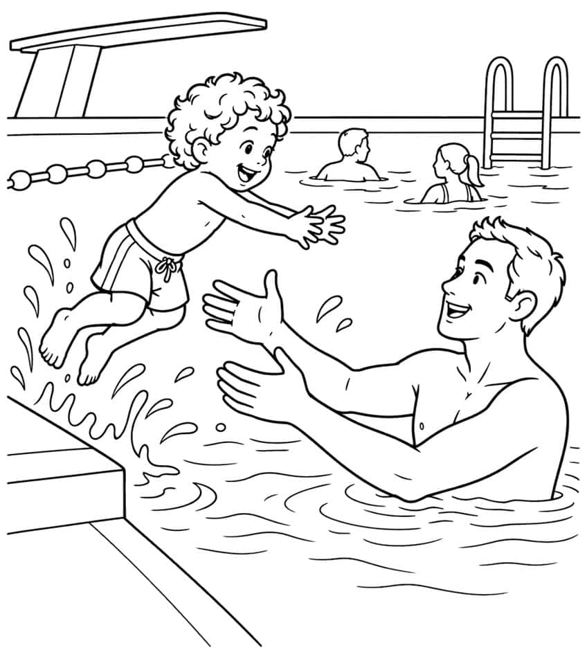 Coloring page of a boy jumping from the pool edge into his dad's arms in the water