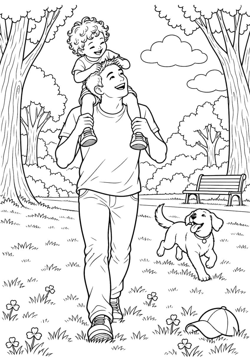 Coloring page of a dad carrying his child on his shoulders in a park with a puppy