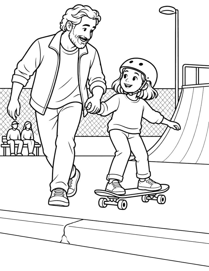 Coloring page of a dad holding his helmeted daughter's hand as she skateboards in a skate park