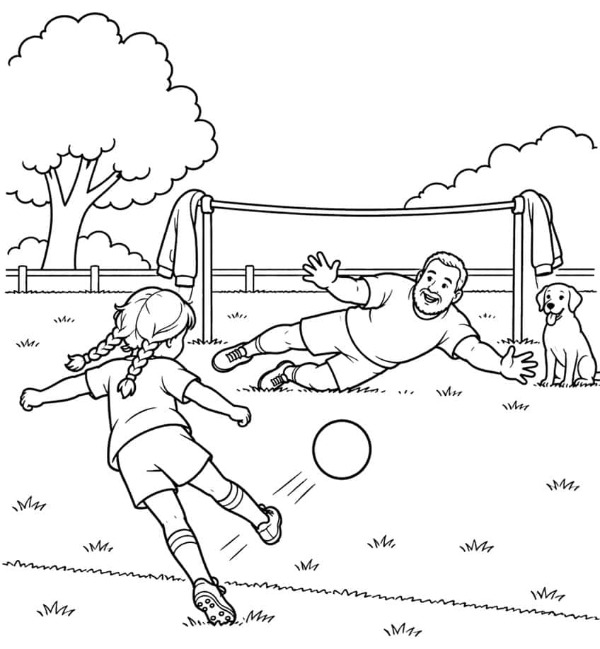 Coloring page of a girl kicking a soccer ball as her dad dives in goal and a dog watches