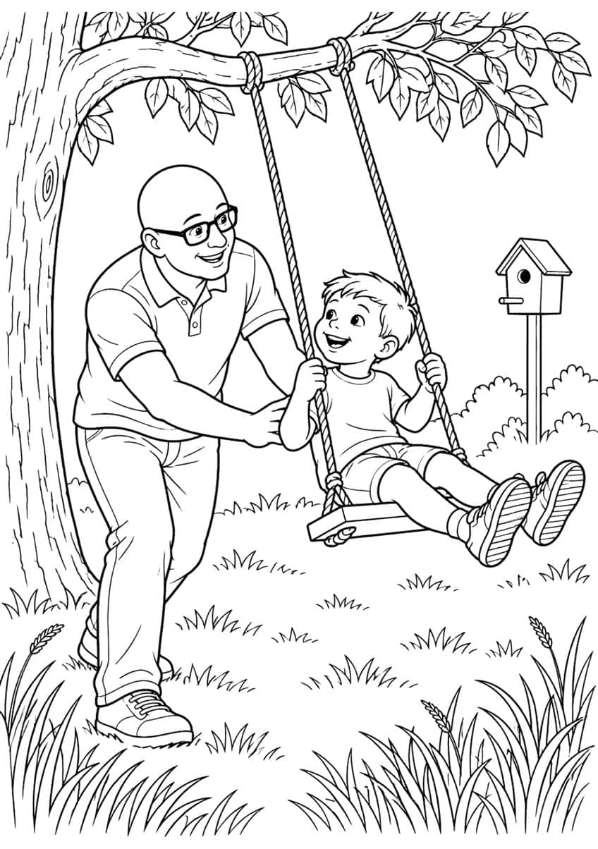 Coloring page of a dad pushing his smiling son on a rope swing under a tree